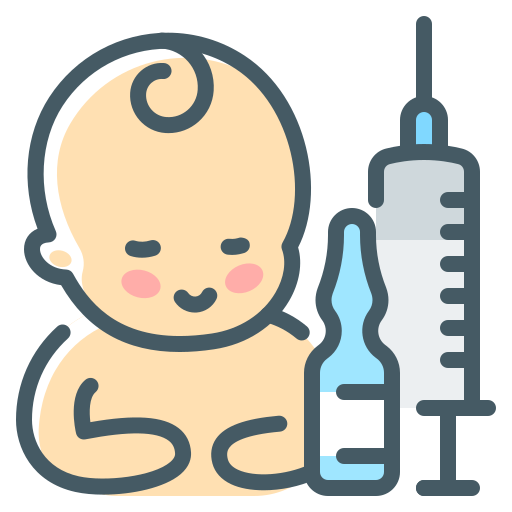 baby with a vaccination vial and a syringe icon
